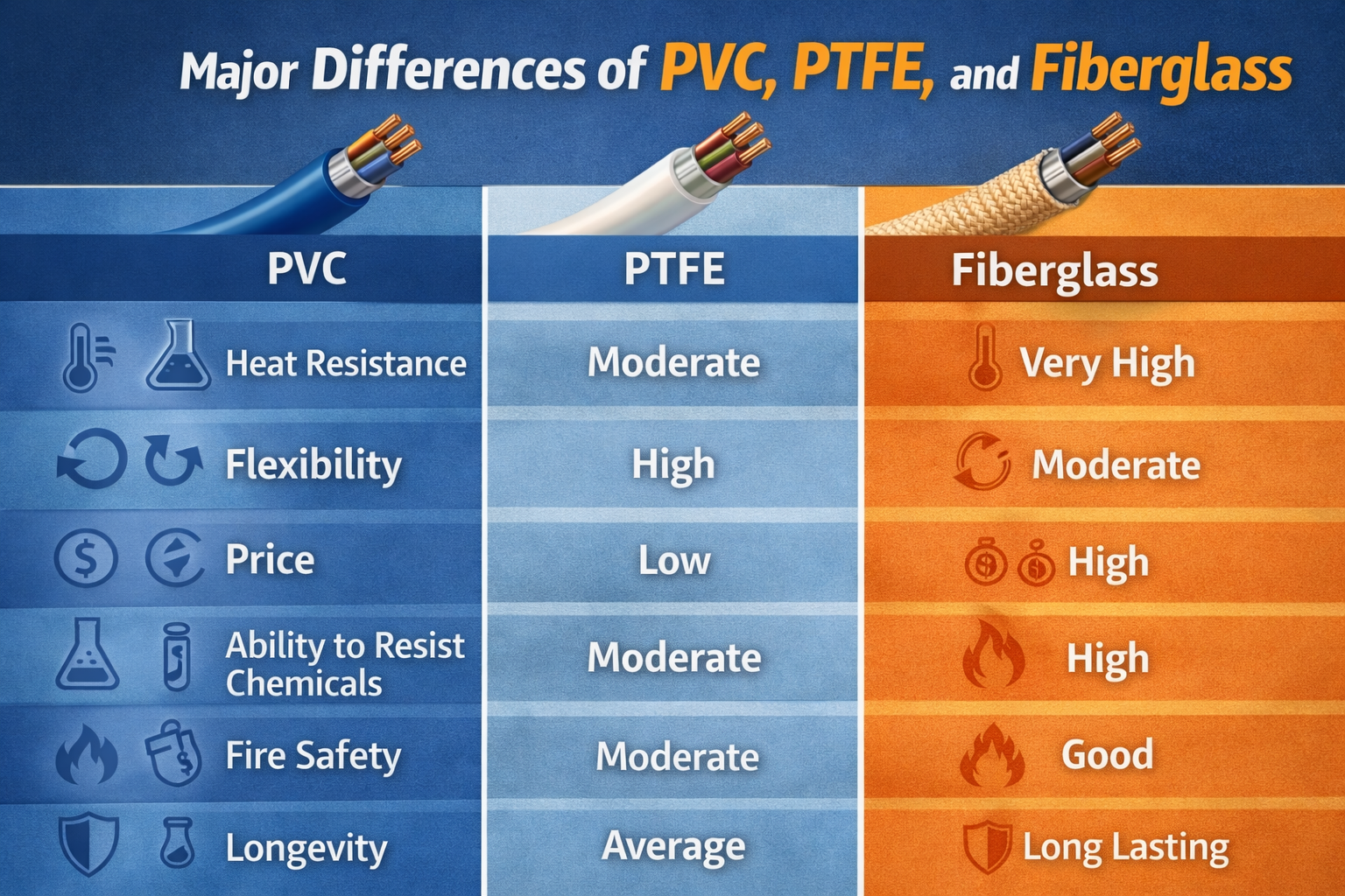 Differences of PVC, PTFE, and Fiberglass
Insulated Cables